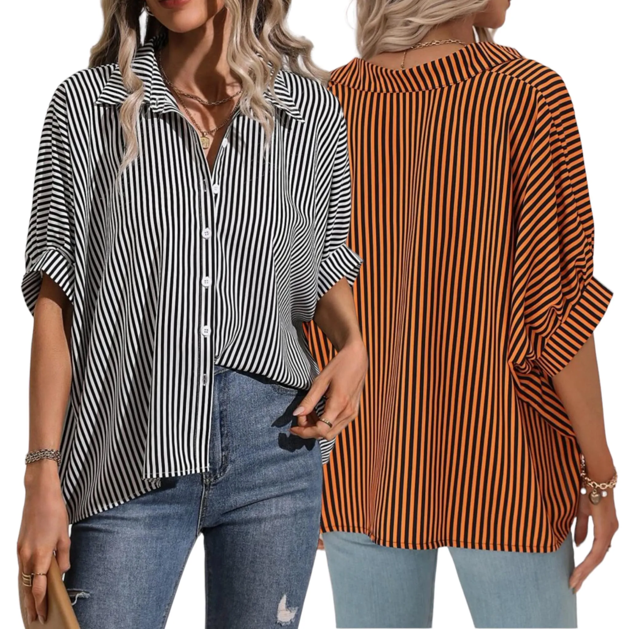 BLK Vertical Stripes Batwing Button-down Collared Shirt Top