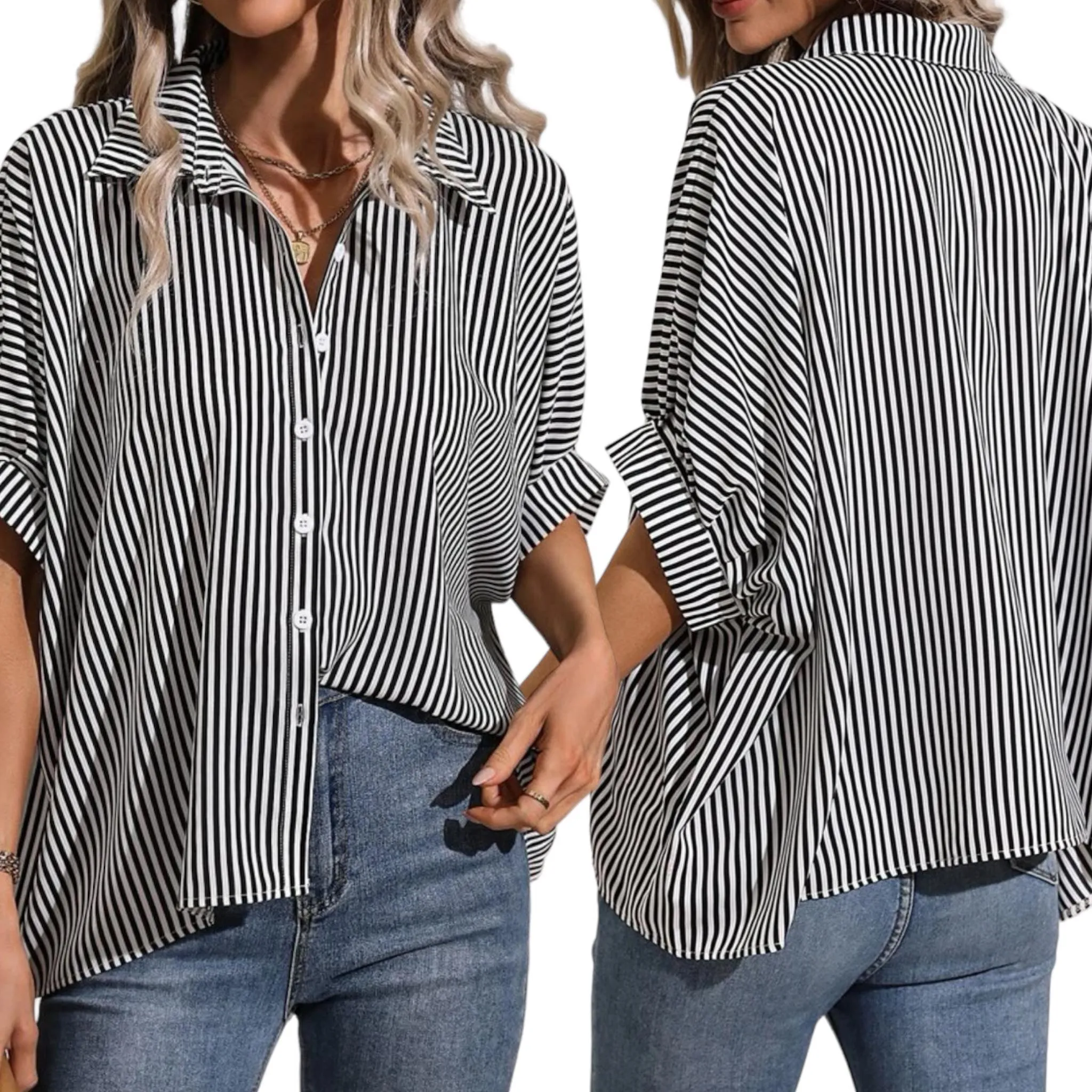 BLK Vertical Stripes Batwing Button-down Collared Shirt Top