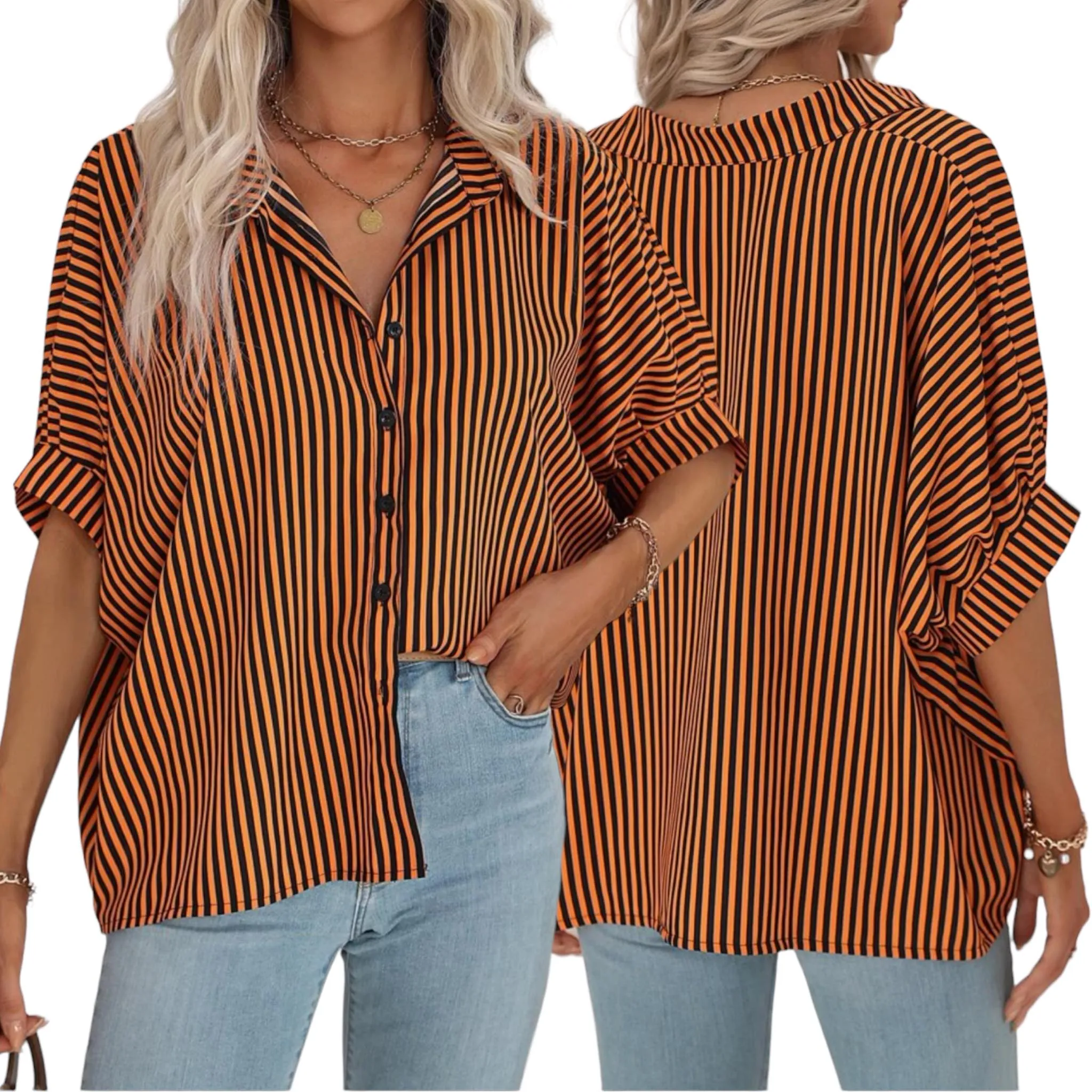 BLK Vertical Stripes Batwing Button-down Collared Shirt Top