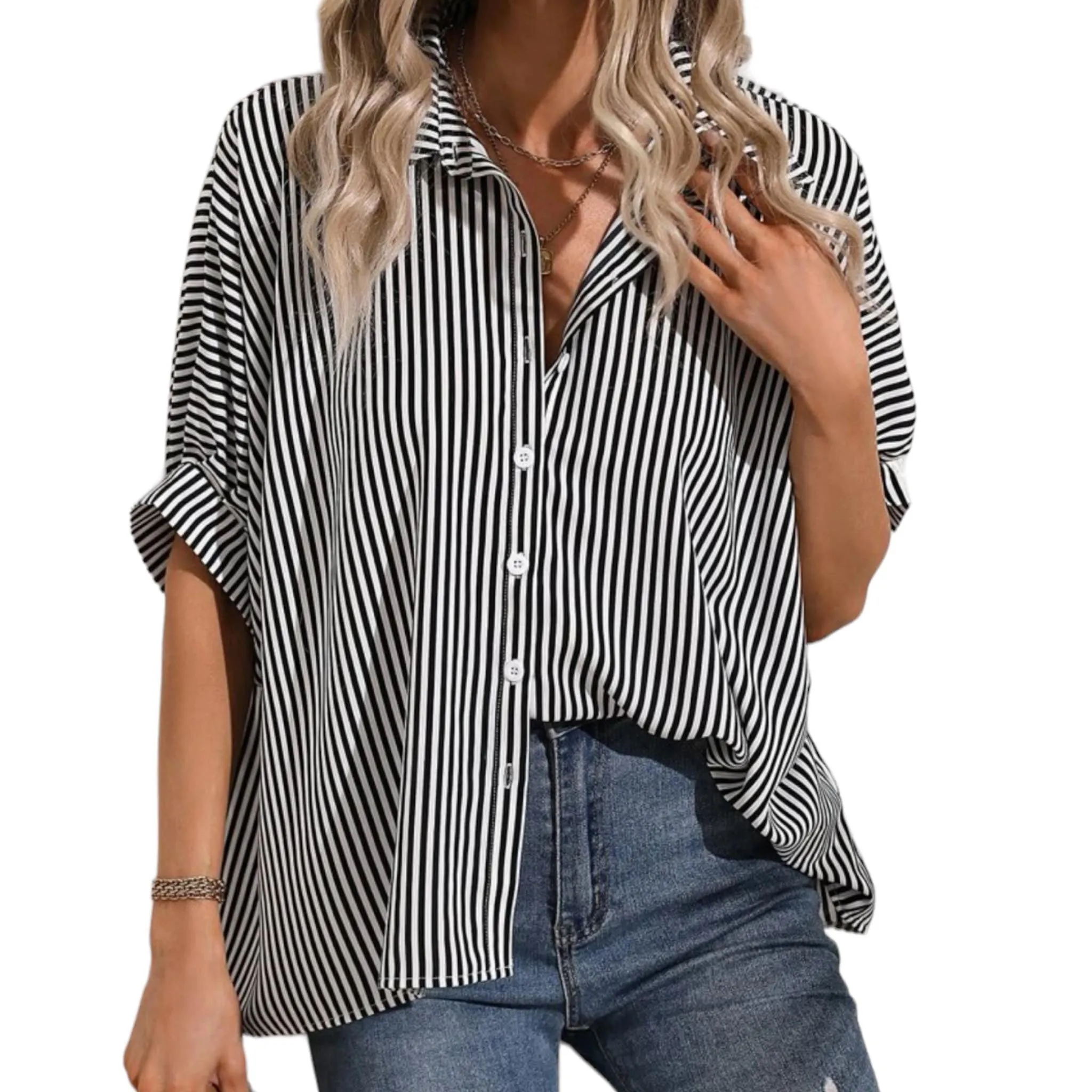 BLK Vertical Stripes Batwing Button-down Collared Shirt Top