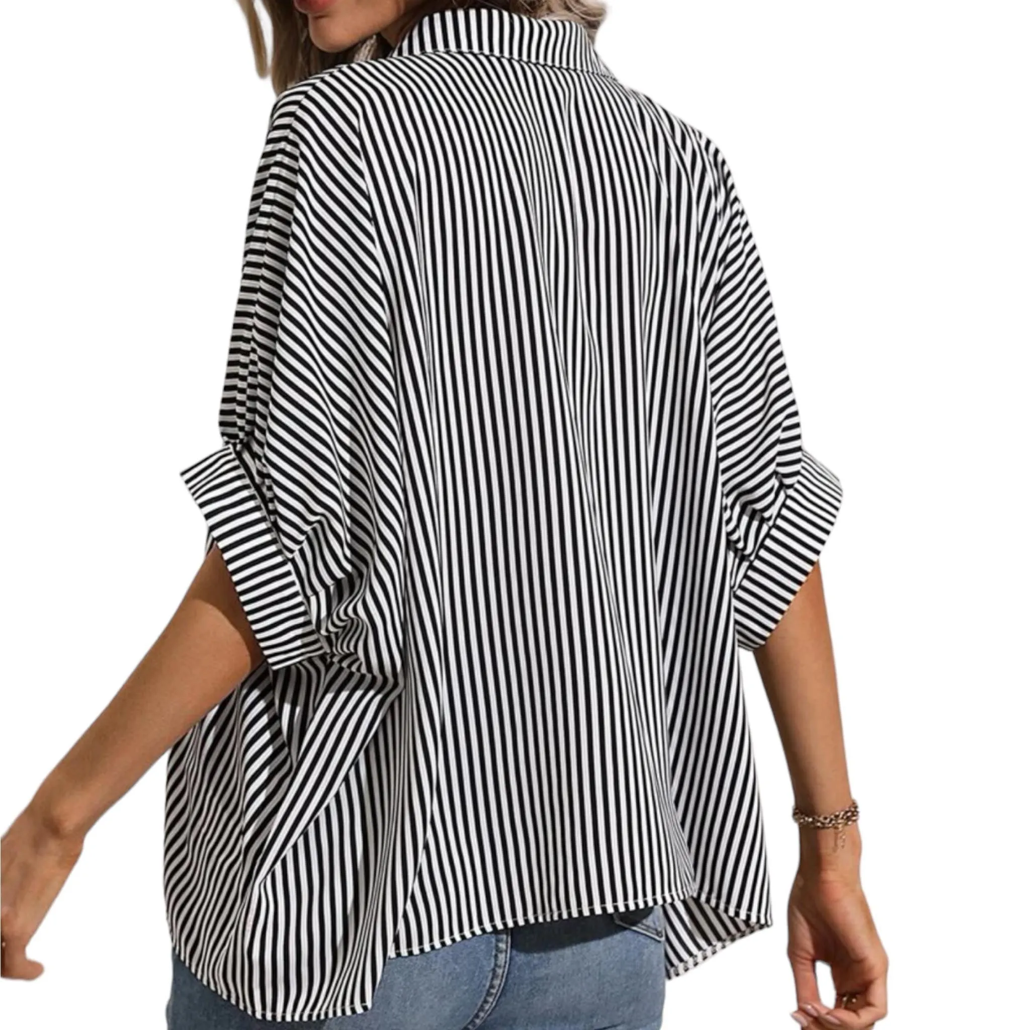 BLK Vertical Stripes Batwing Button-down Collared Shirt Top