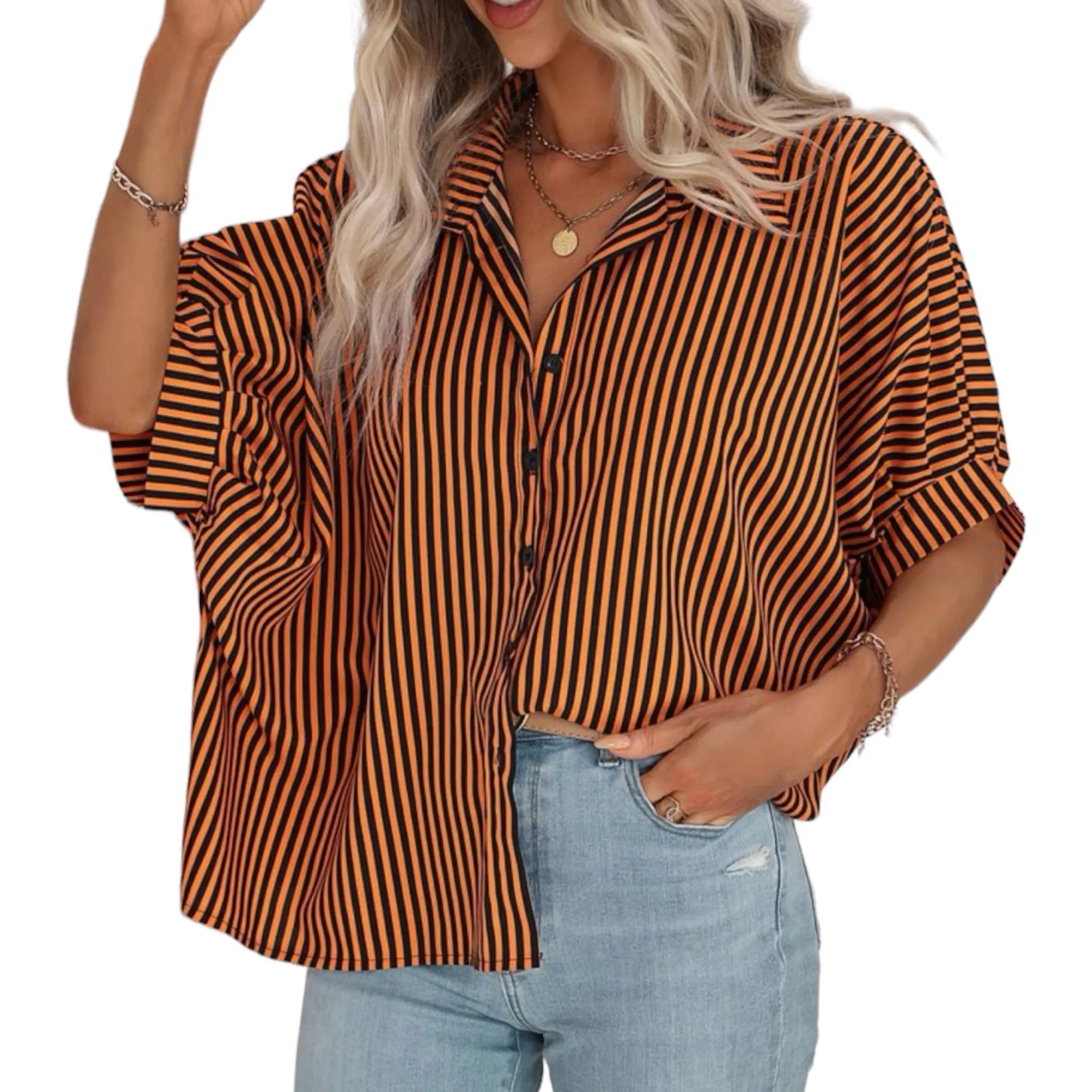 BLK Vertical Stripes Batwing Button-down Collared Shirt Top