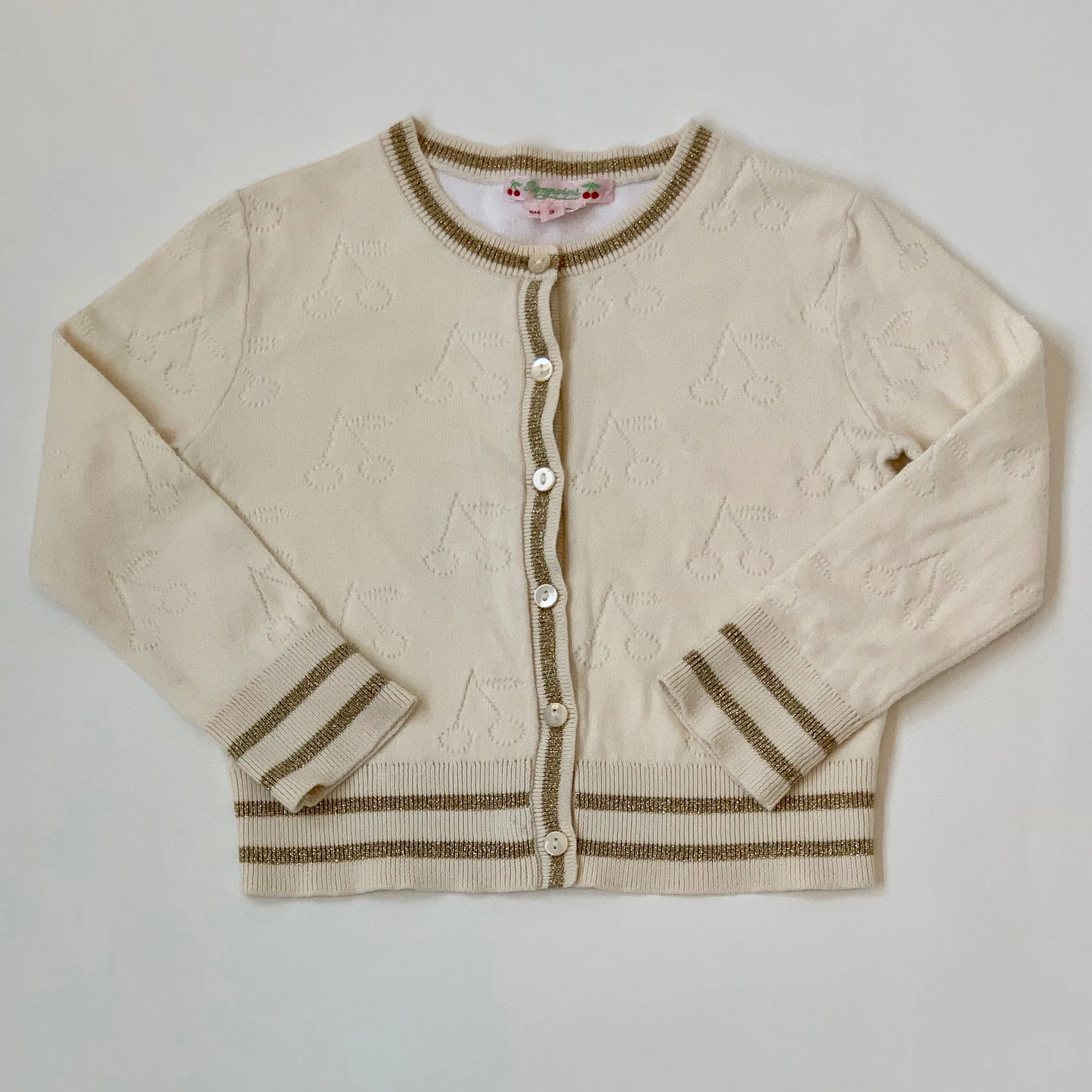 Bonpoint Cream Cherry Print Cardigan With Gold Trim: 3 Years