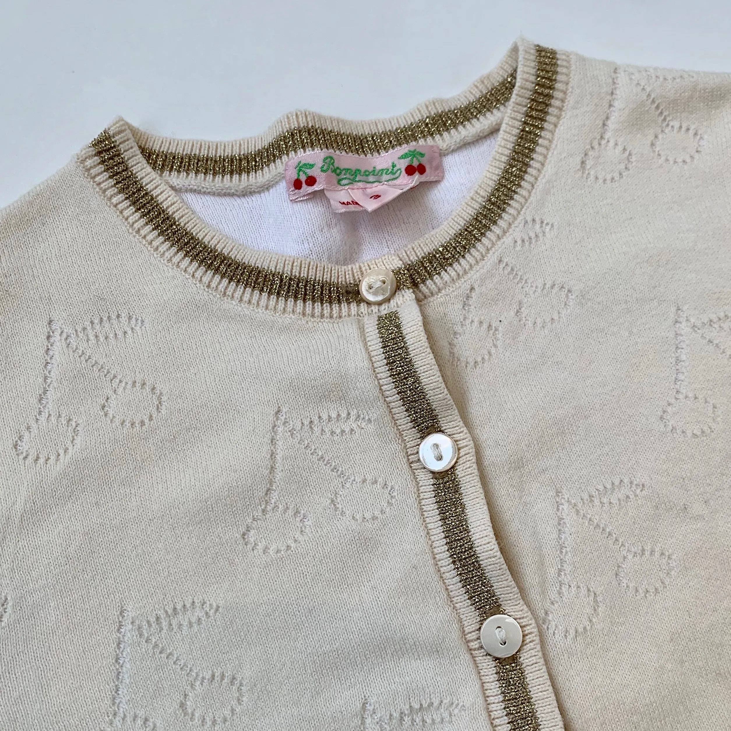 Bonpoint Cream Cherry Print Cardigan With Gold Trim: 3 Years