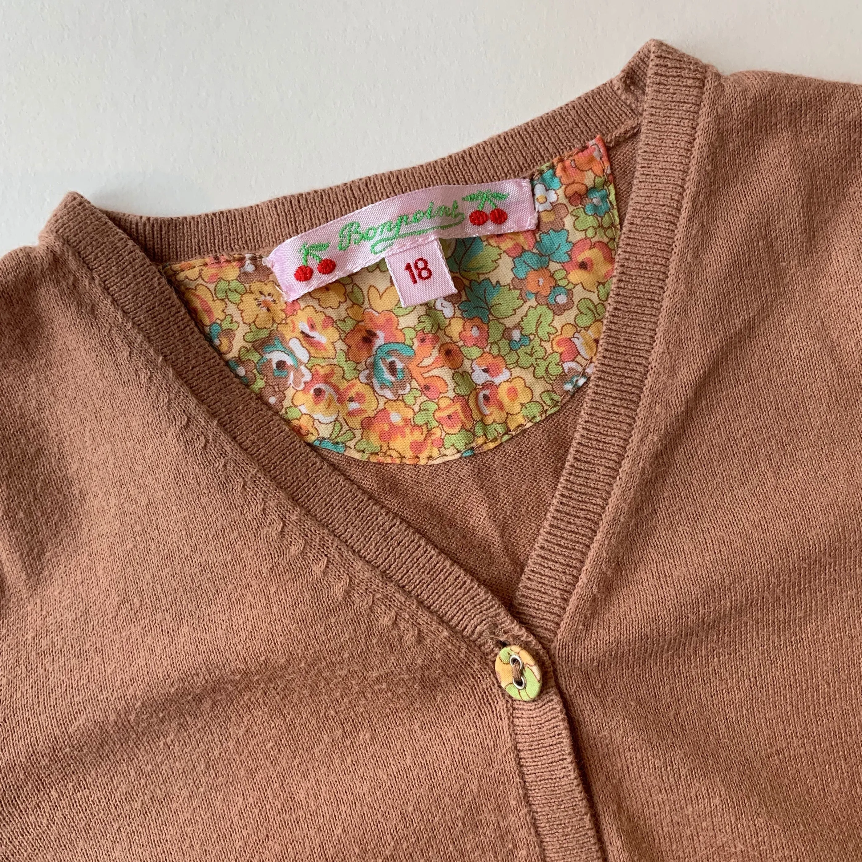 Bonpoint Tobacco Cotton Cardigan With Liberty Print Trim: 2 Years