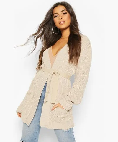 boohoo Womens Cable Boyfriend Belted Cardigan