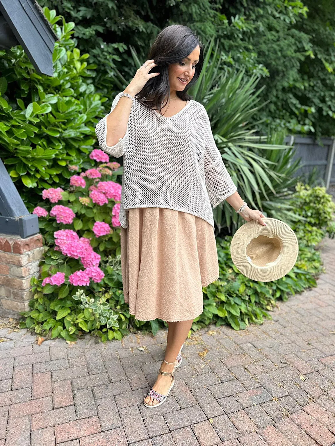 Camel Cotton Scoop Neck Dress Joy