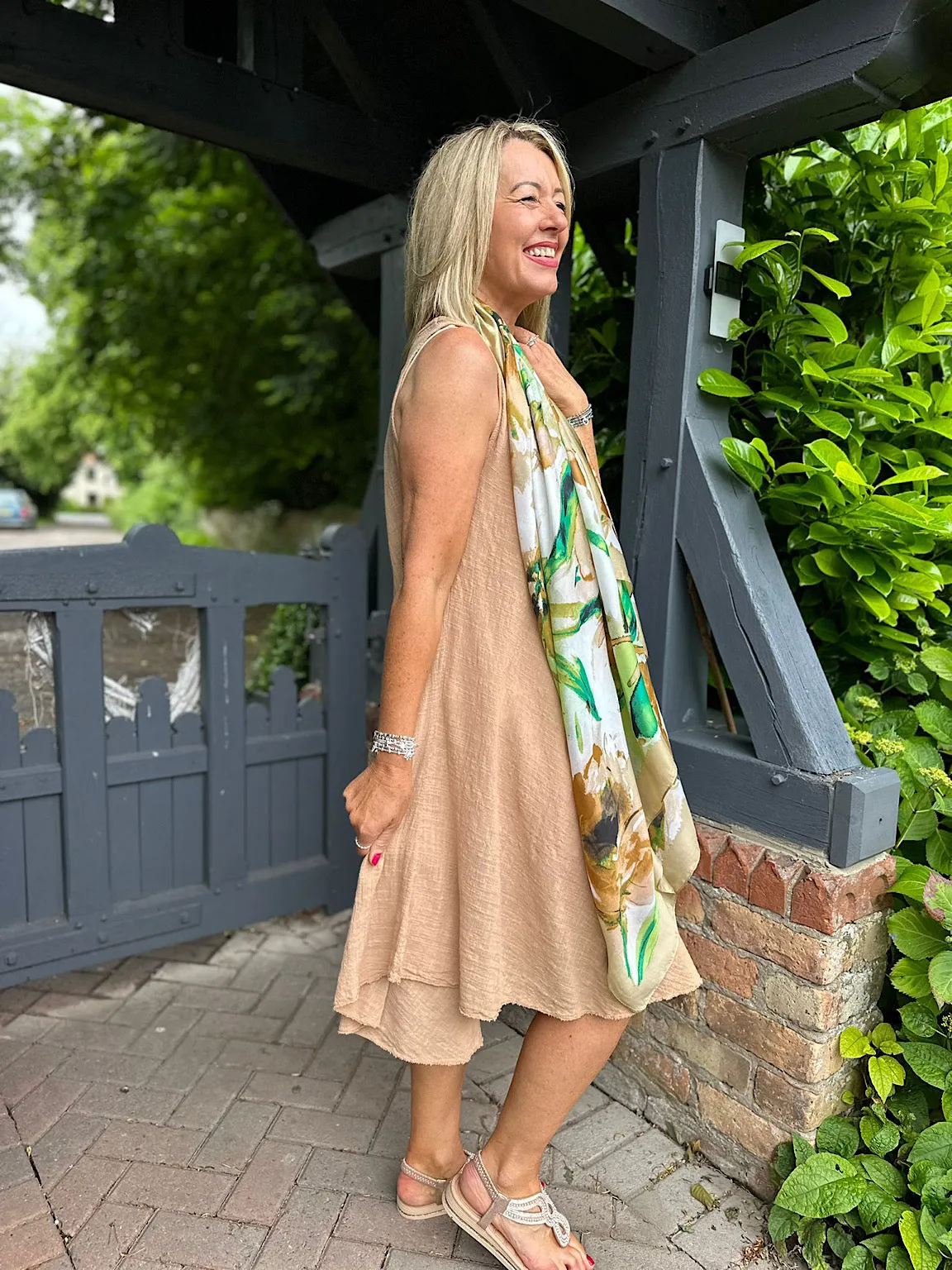 Camel Cotton Scoop Neck Dress Joy