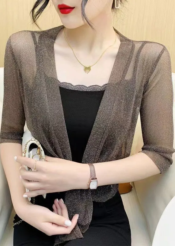 Coffee Lace Up Tulle Cardigan V Neck Half Sleeve AS1077