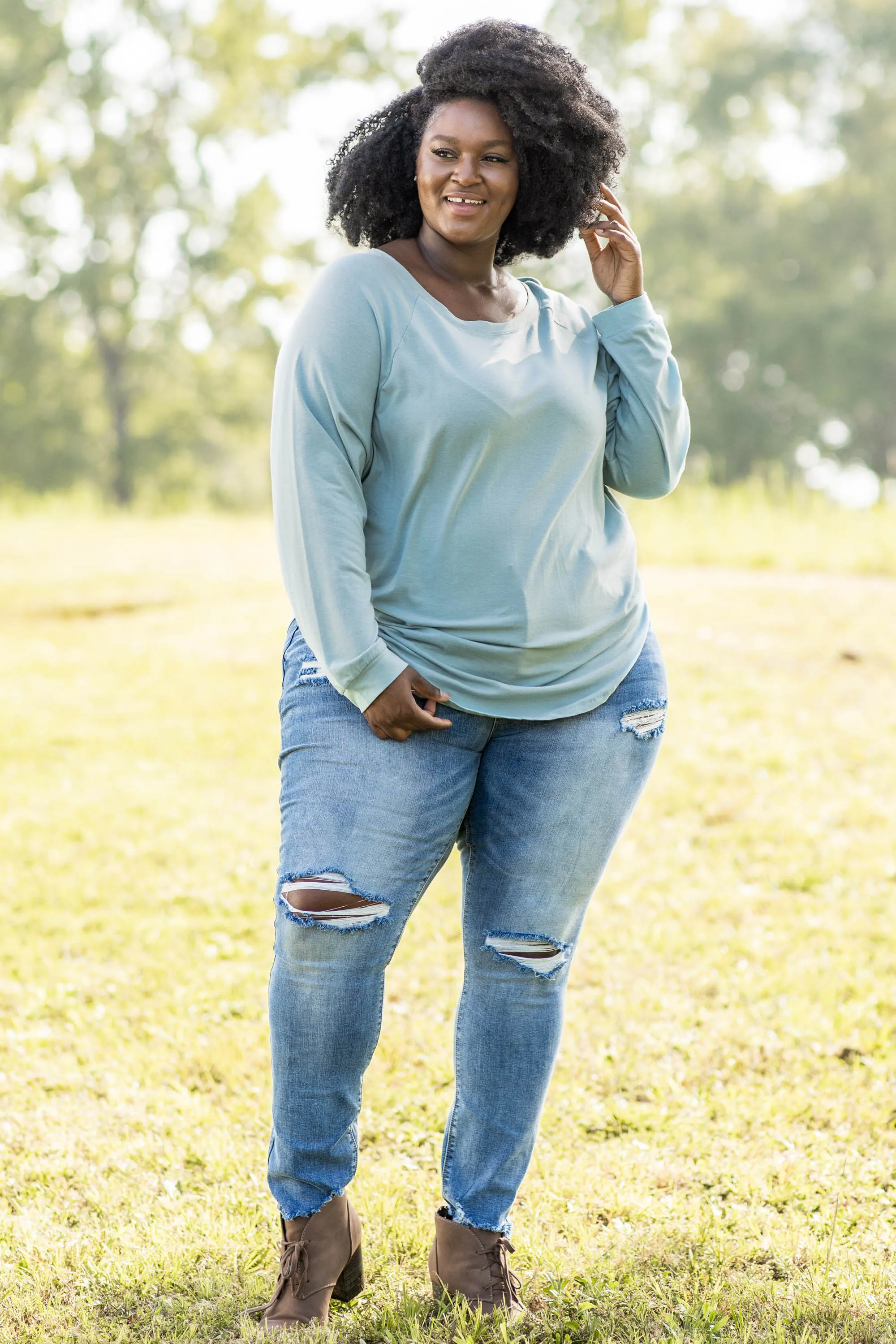 Curved Hem Slouchy Dolman Tunic, Mineral Mint