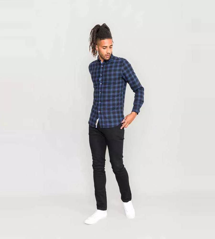 D555 Tall Mens Blue Flannel Check Shirt With Long Sleeves (DOVERCOURT)