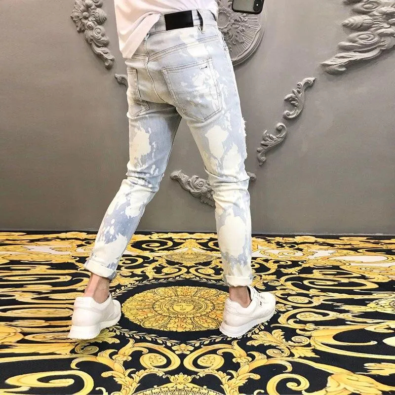 High Street Fashion Men's Hole Patch Diamond Full Length Skinny Jeans