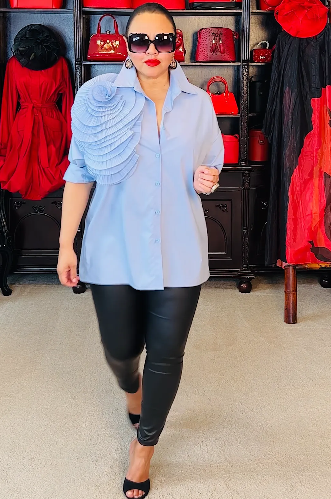 Light Blue Oversized Side Ruffle Top