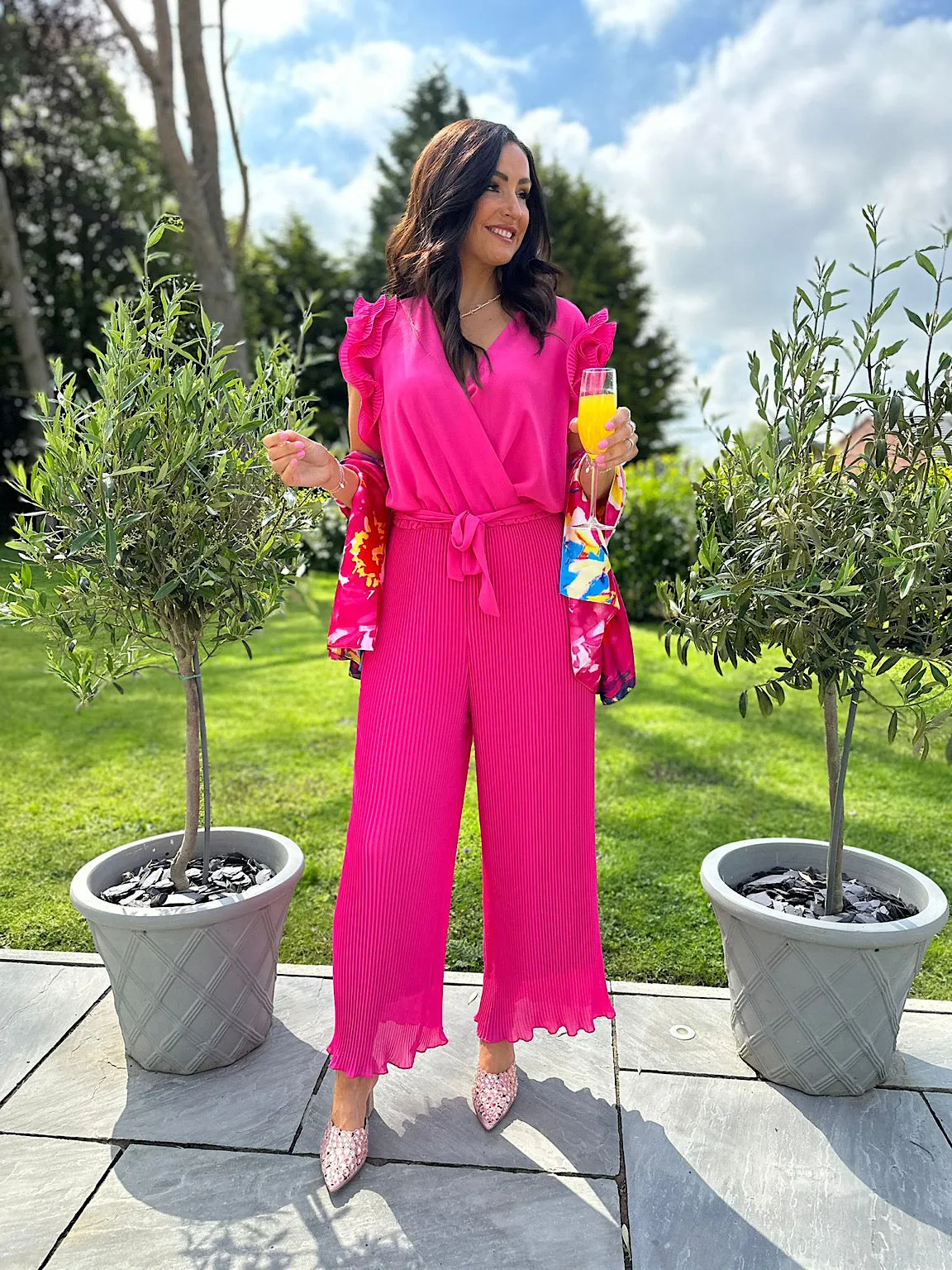 Lipstick Pink Pleated Frill Sleeve Jumpsuit Tiana