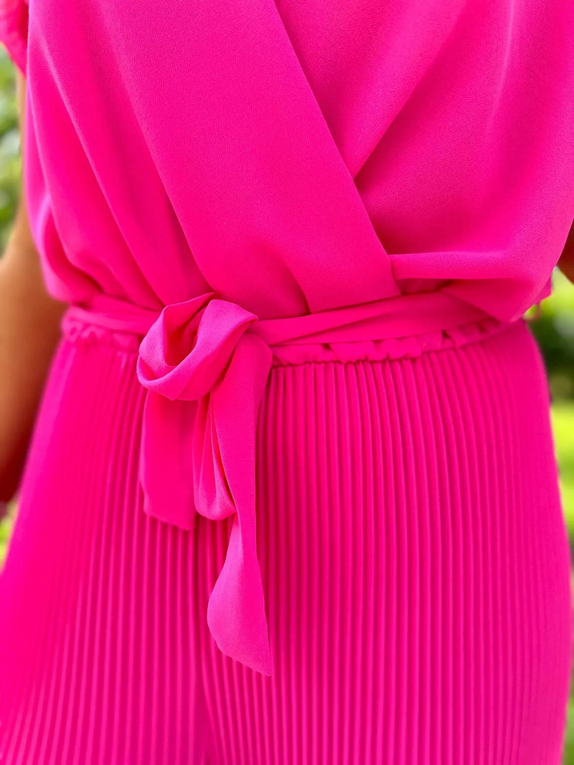 Lipstick Pink Pleated Frill Sleeve Jumpsuit Tiana