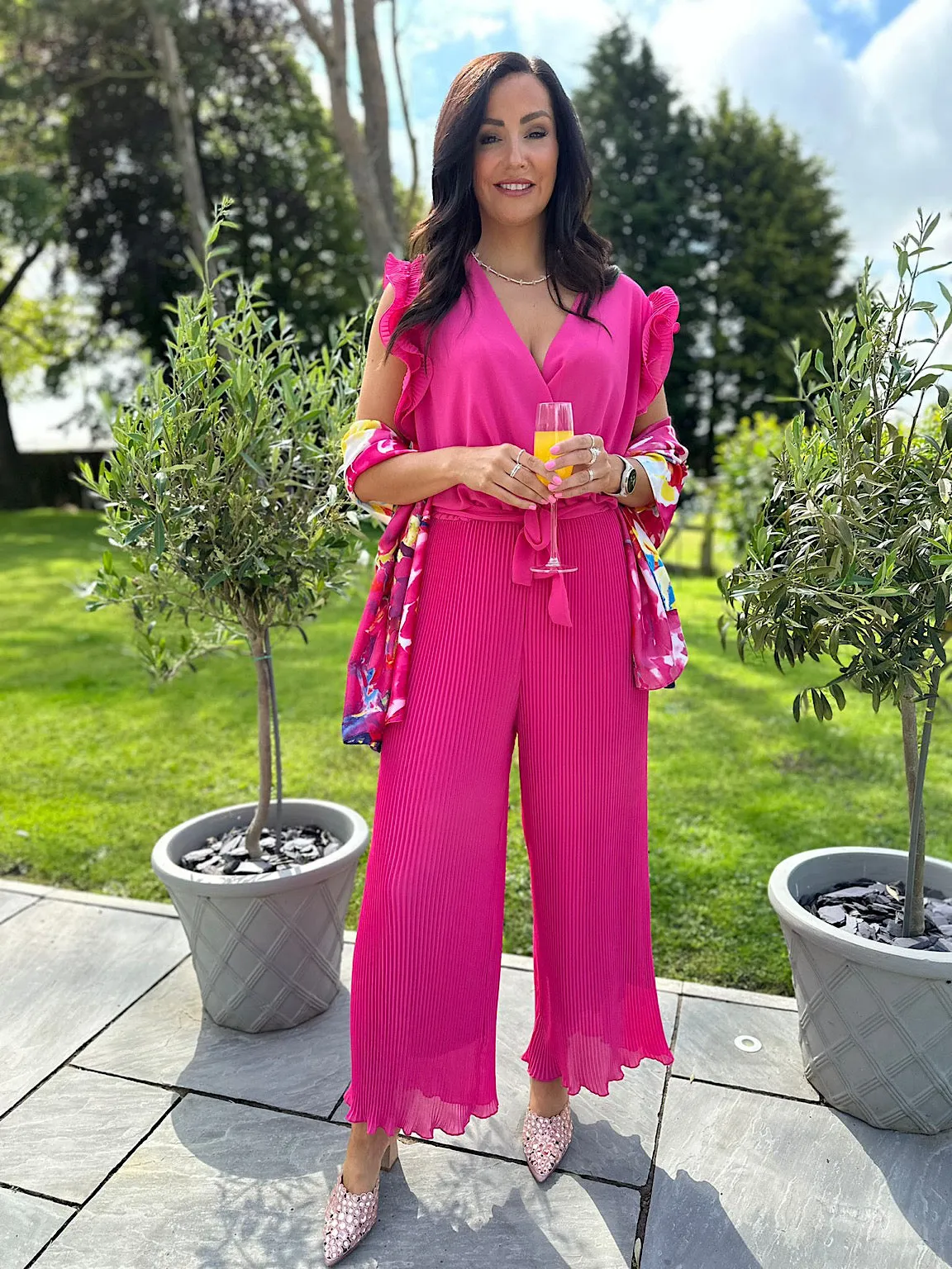 Lipstick Pink Pleated Frill Sleeve Jumpsuit Tiana