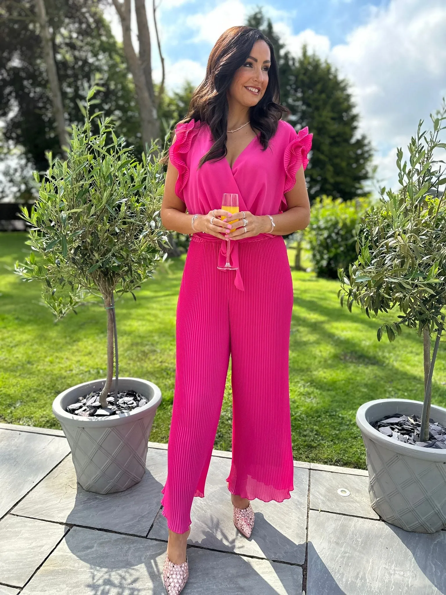 Lipstick Pink Pleated Frill Sleeve Jumpsuit Tiana