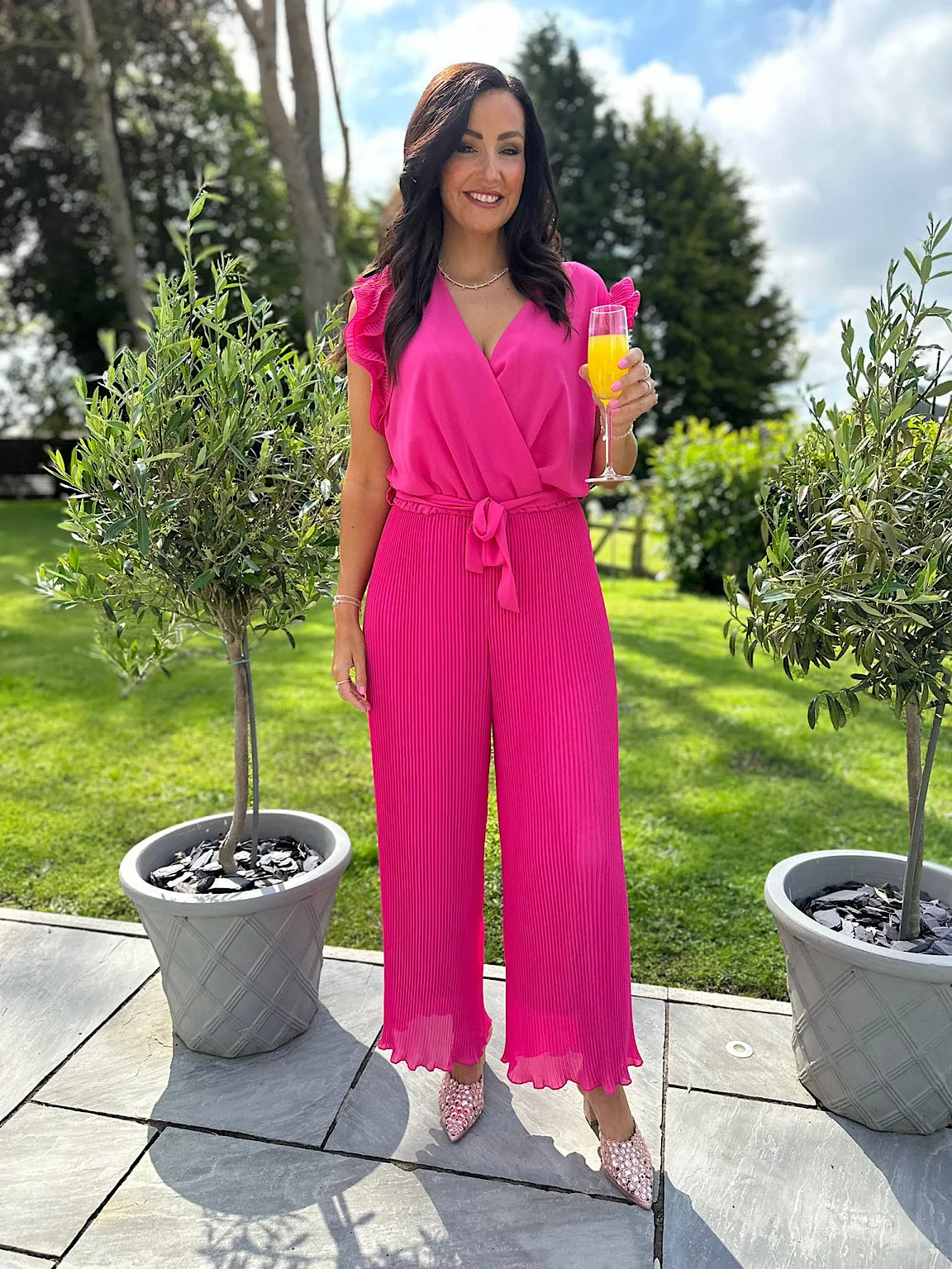 Lipstick Pink Pleated Frill Sleeve Jumpsuit Tiana