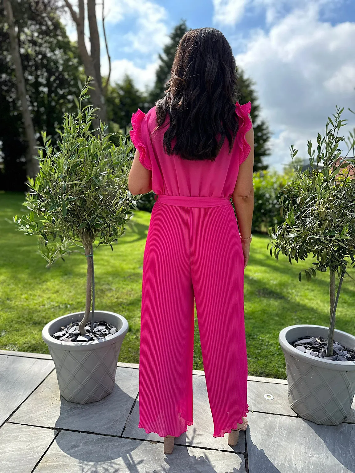 Lipstick Pink Pleated Frill Sleeve Jumpsuit Tiana