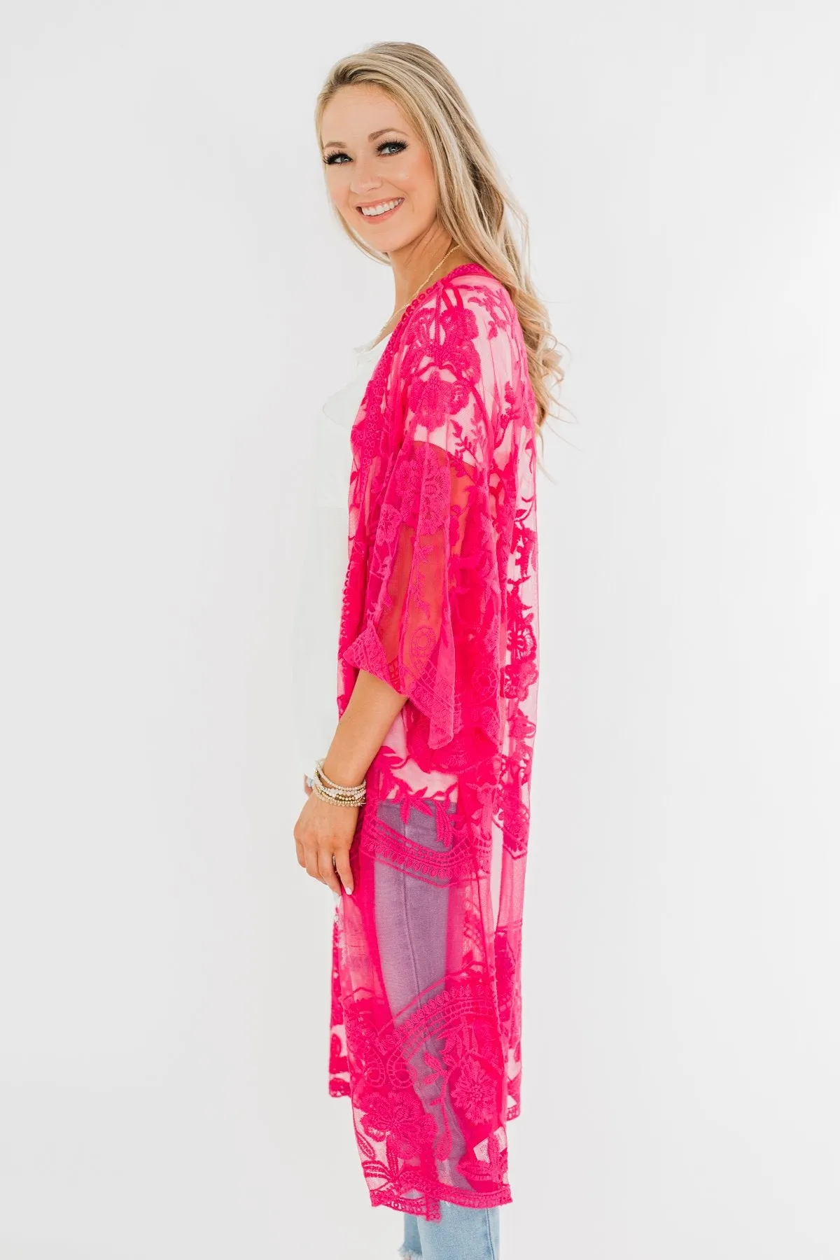 Long Sheer Floral Lace Kimono- Hot Pink