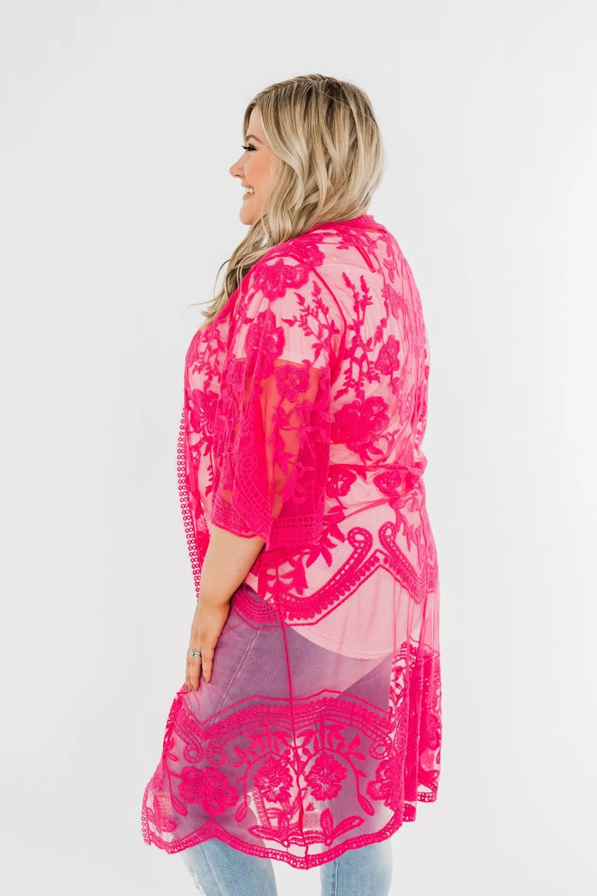 Long Sheer Floral Lace Kimono- Hot Pink