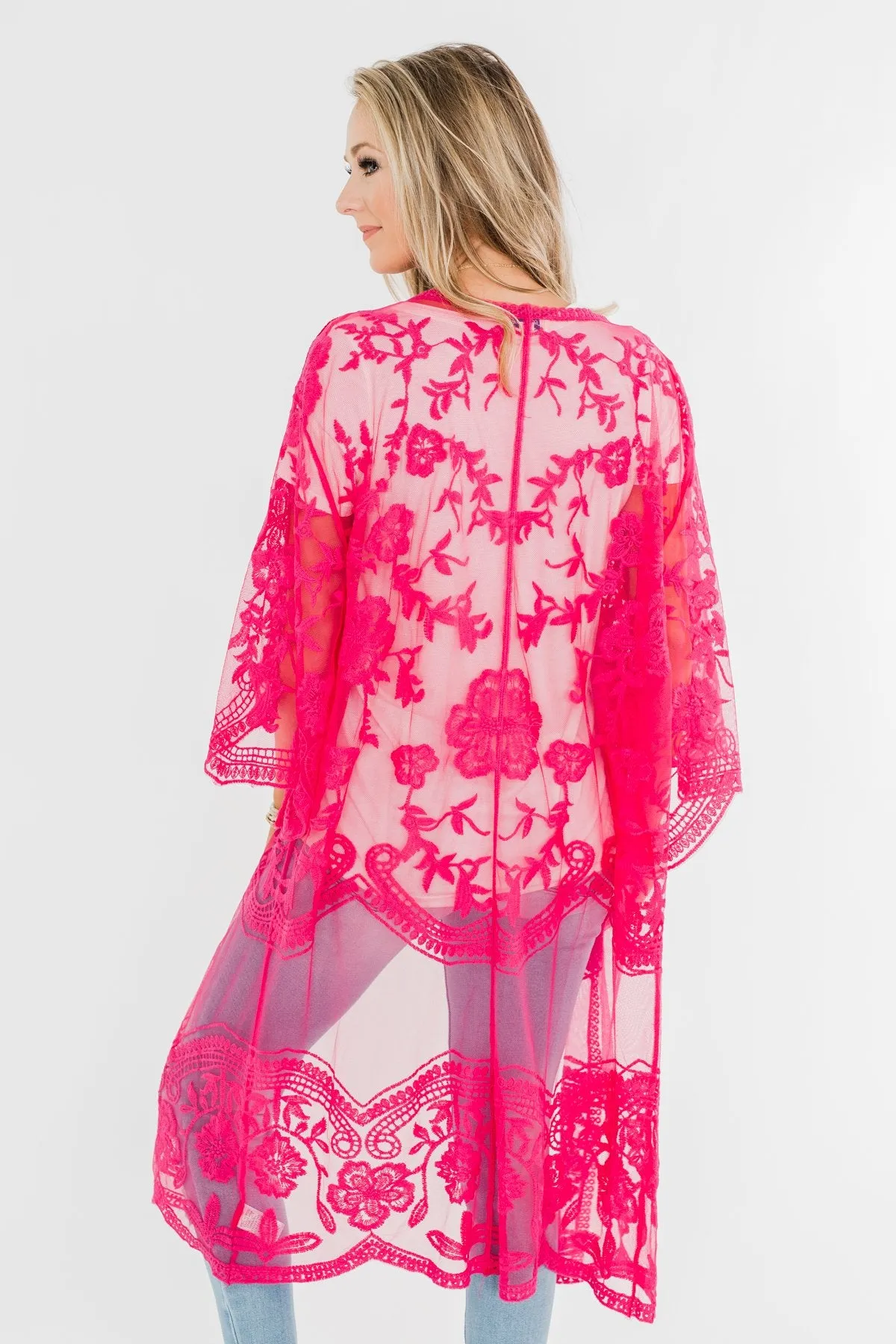 Long Sheer Floral Lace Kimono- Hot Pink