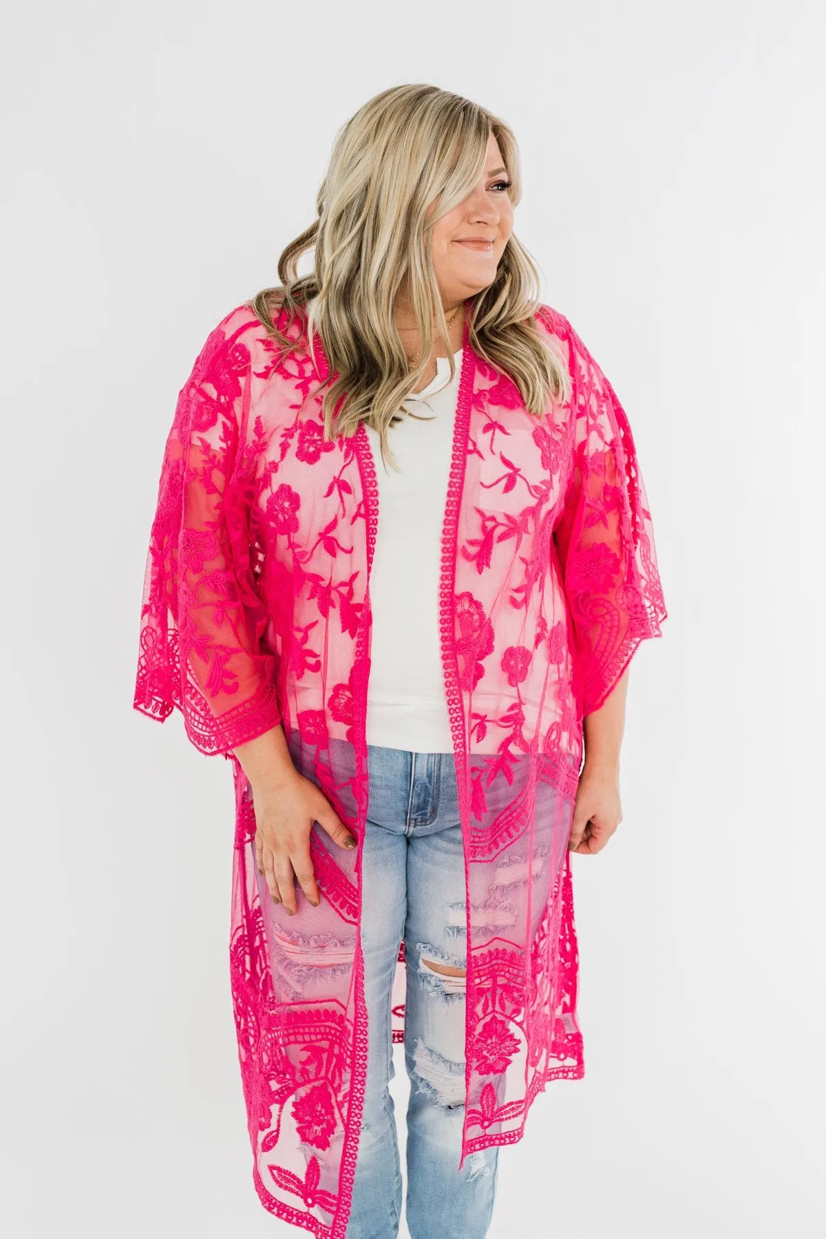 Long Sheer Floral Lace Kimono- Hot Pink