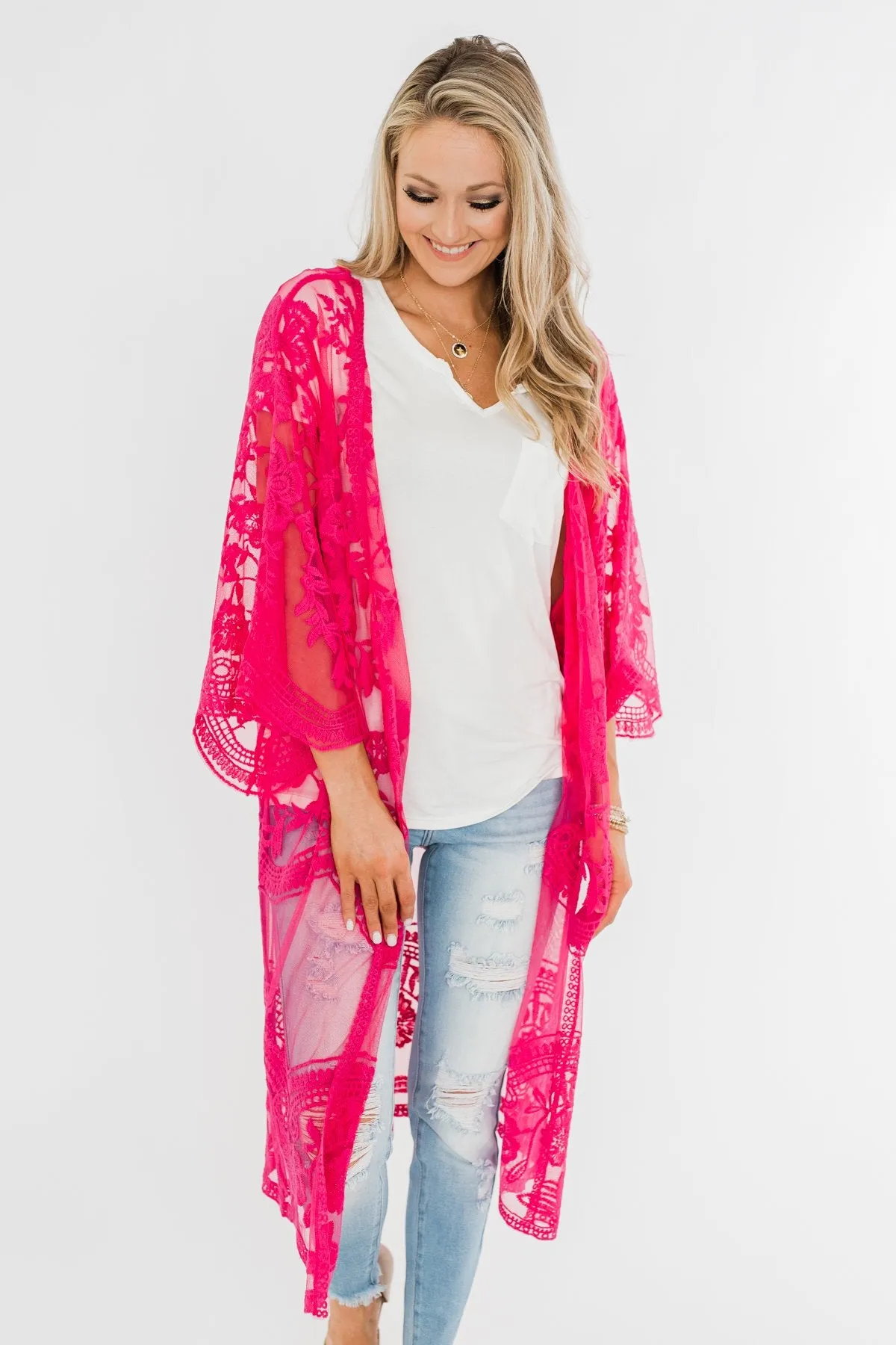 Long Sheer Floral Lace Kimono- Hot Pink