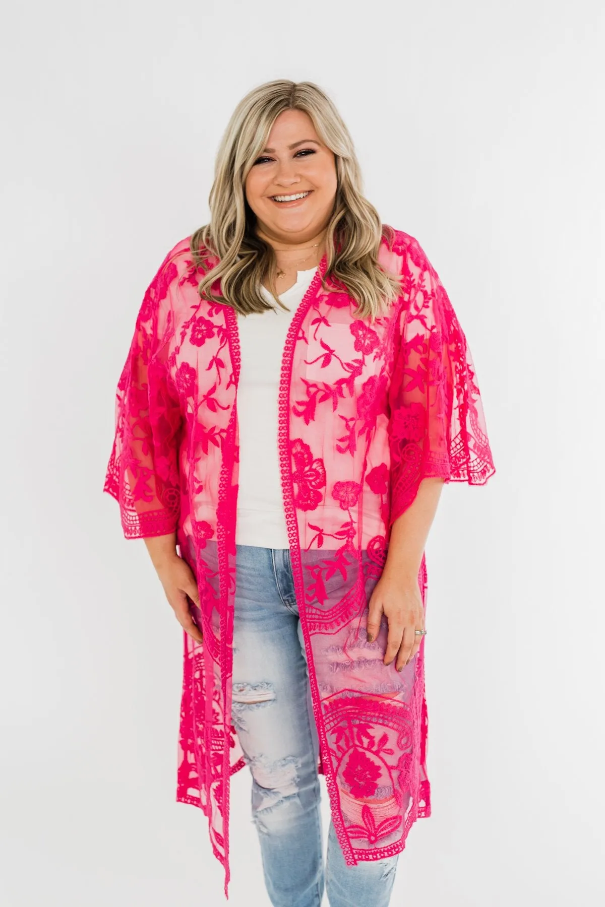 Long Sheer Floral Lace Kimono- Hot Pink