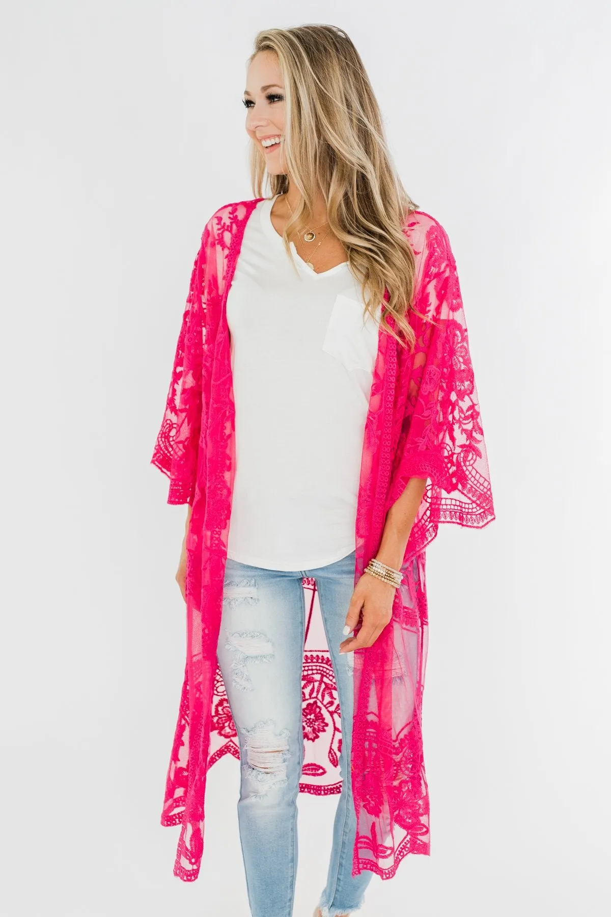 Long Sheer Floral Lace Kimono- Hot Pink