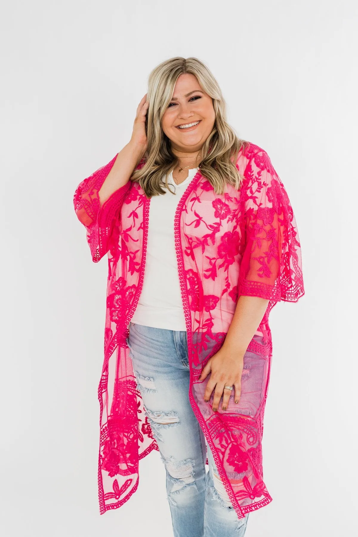 Long Sheer Floral Lace Kimono- Hot Pink