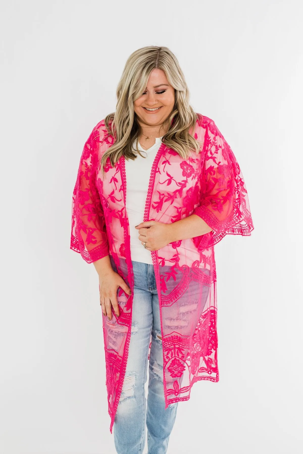 Long Sheer Floral Lace Kimono- Hot Pink