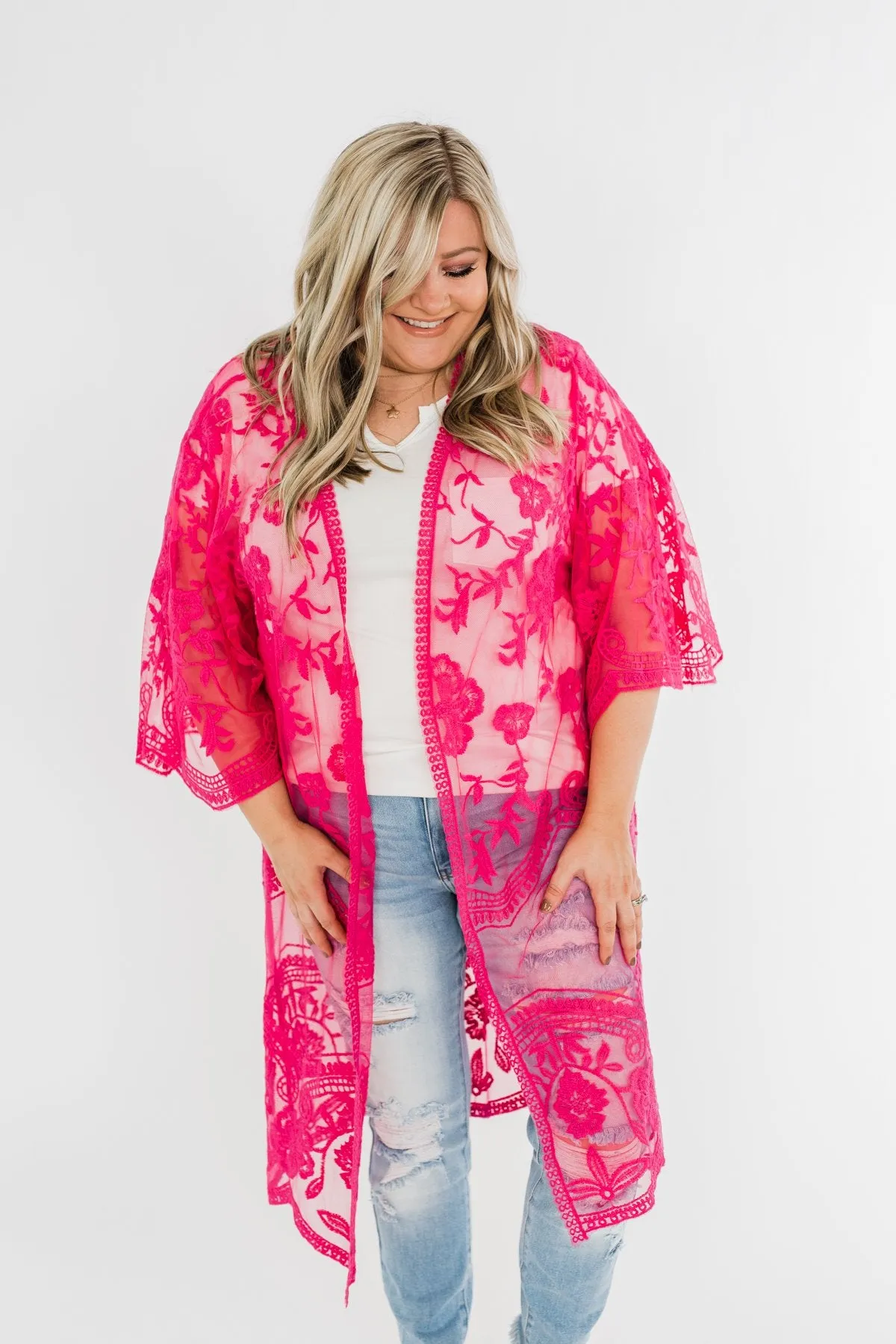 Long Sheer Floral Lace Kimono- Hot Pink