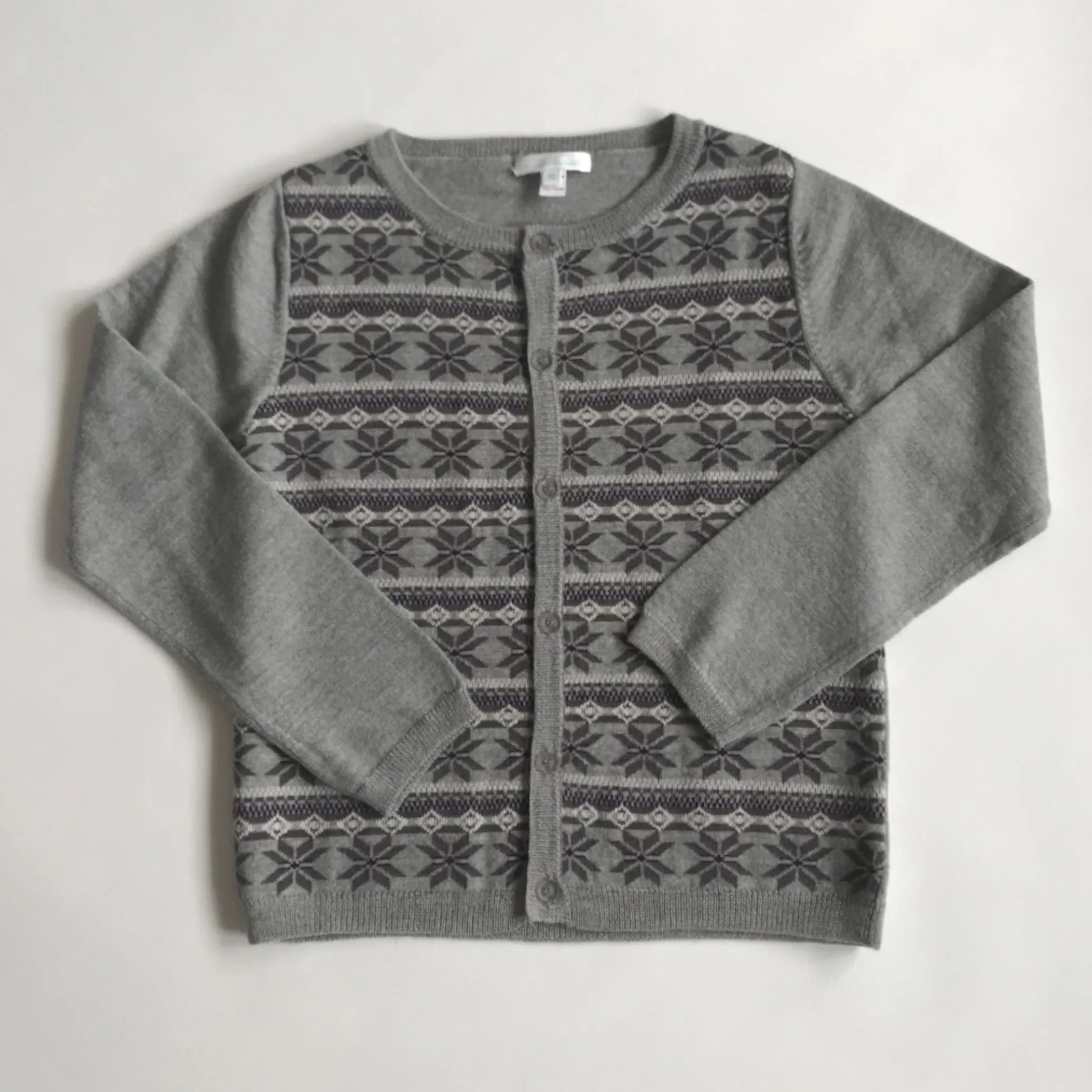 Marie-Chantal Intarsia Snowflake Print Grey Wool Cardigan: 10 Years