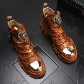 Men's Casual Genuine Leather Metal Animal Print Lace-up Boot Shoes