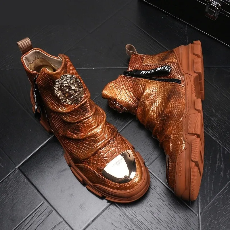 Men's Casual Genuine Leather Metal Animal Print Lace-up Boot Shoes