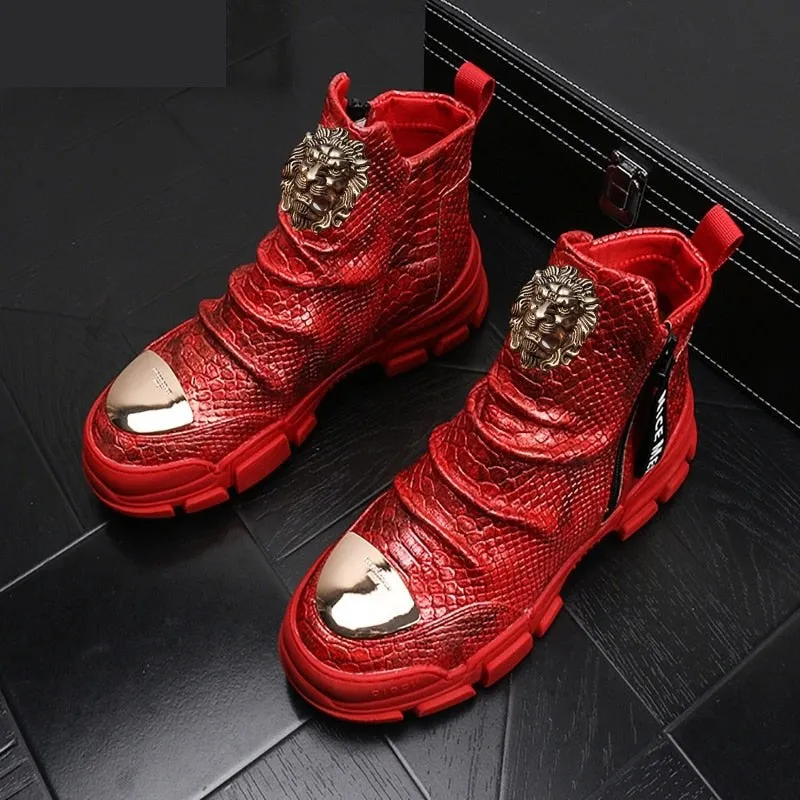 Men's Casual Genuine Leather Metal Animal Print Lace-up Boot Shoes