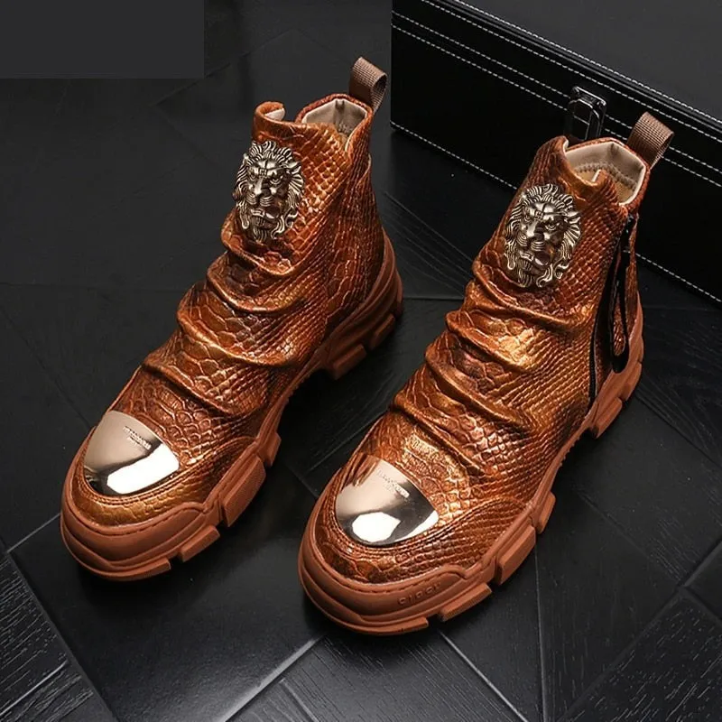 Men's Casual Genuine Leather Metal Animal Print Lace-up Boot Shoes