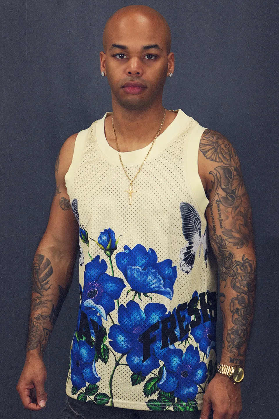 Men's Sleeveless Basketball Shirt Muscle Workout Cream Floral Butterfly Mesh Tank Top