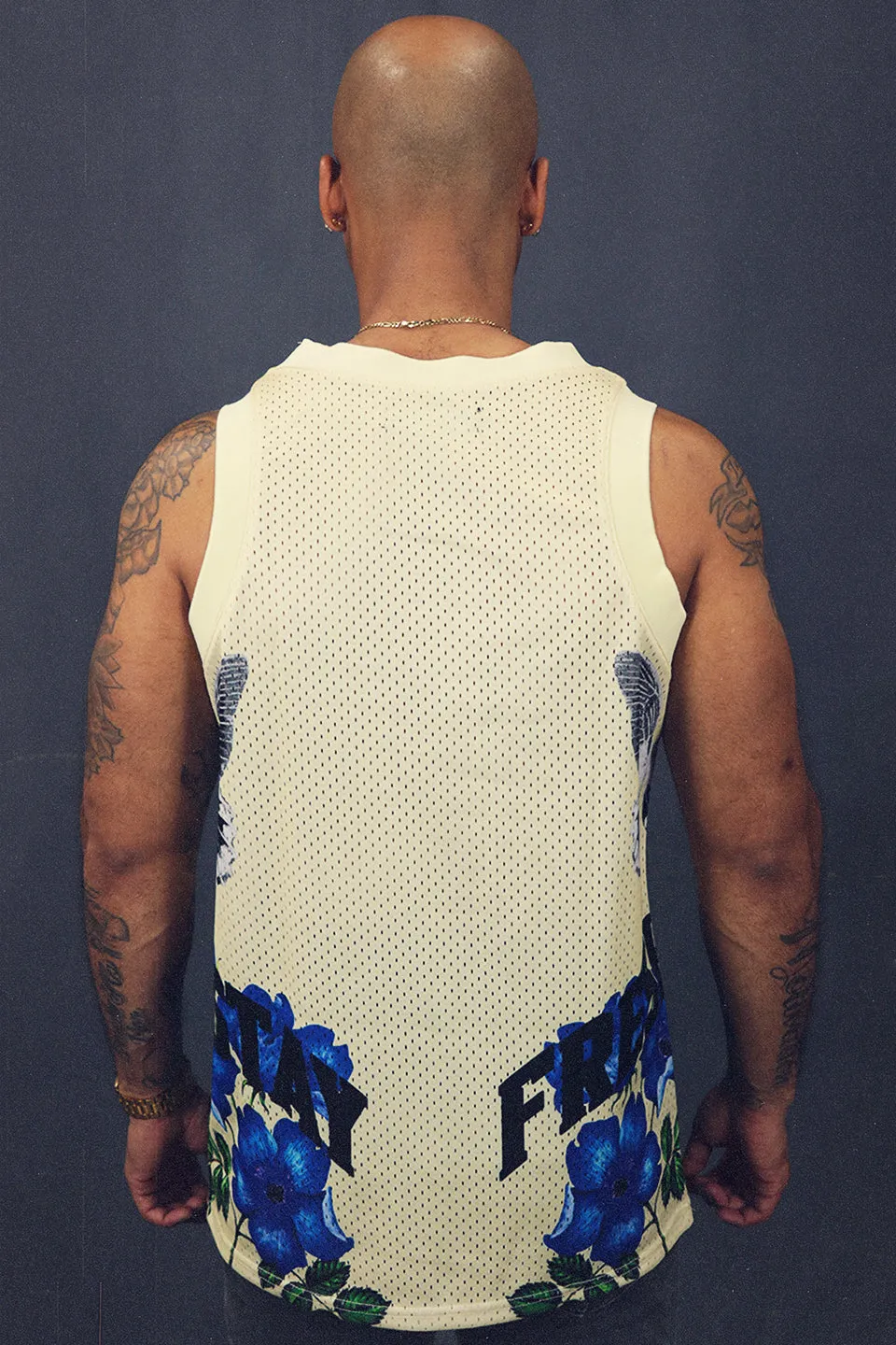 Men's Sleeveless Basketball Shirt Muscle Workout Cream Floral Butterfly Mesh Tank Top