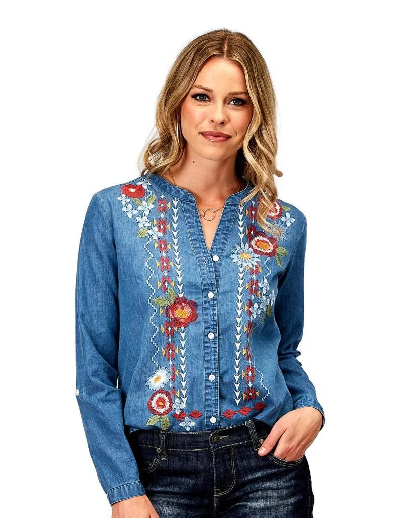 Roper Denim Floral Embroidered Top