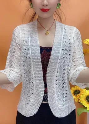 Simple White V Neck Hollow Out Knit Cardigan Bracelet Sleeve AS1033