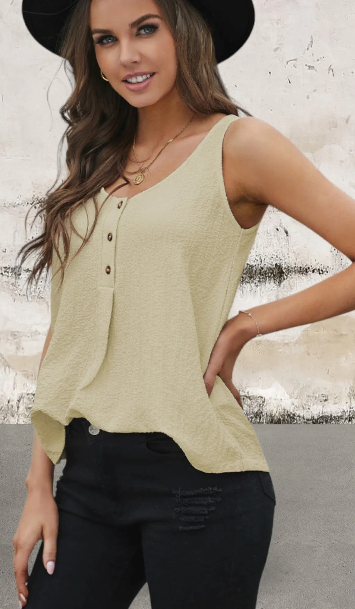 Sleeveless Apricot Button Textured SummerTop