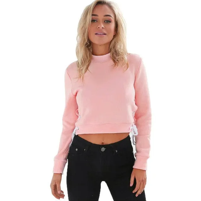 Tops  Grey Pink Long Sleeve T-shirt Women Side Cross Bandage Short Pullovers Tops Women Girls GS