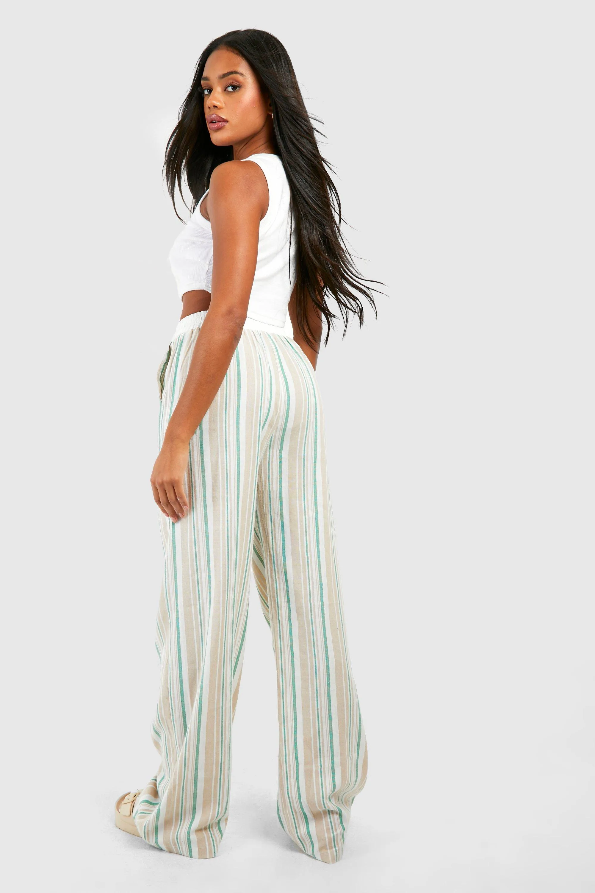 Trousers | Multi Stripe Linen Wide Leg Trousers | boohoo