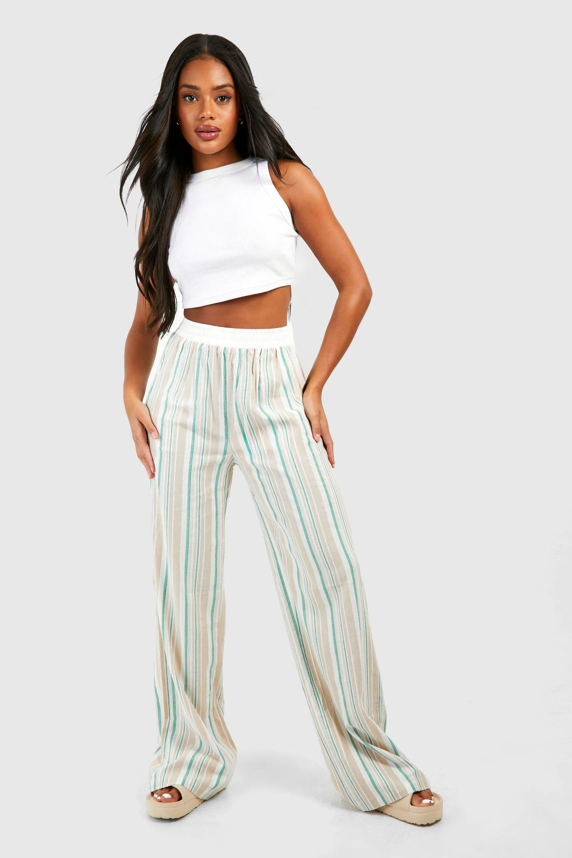 Trousers | Multi Stripe Linen Wide Leg Trousers | boohoo