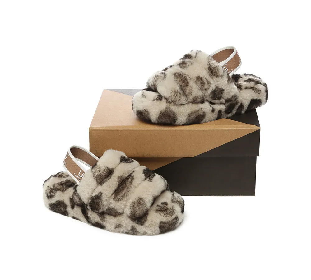 UGG AUSTRALIAN SHEPHERD Kids Slingback Fluffy Slides Leopard Puffy