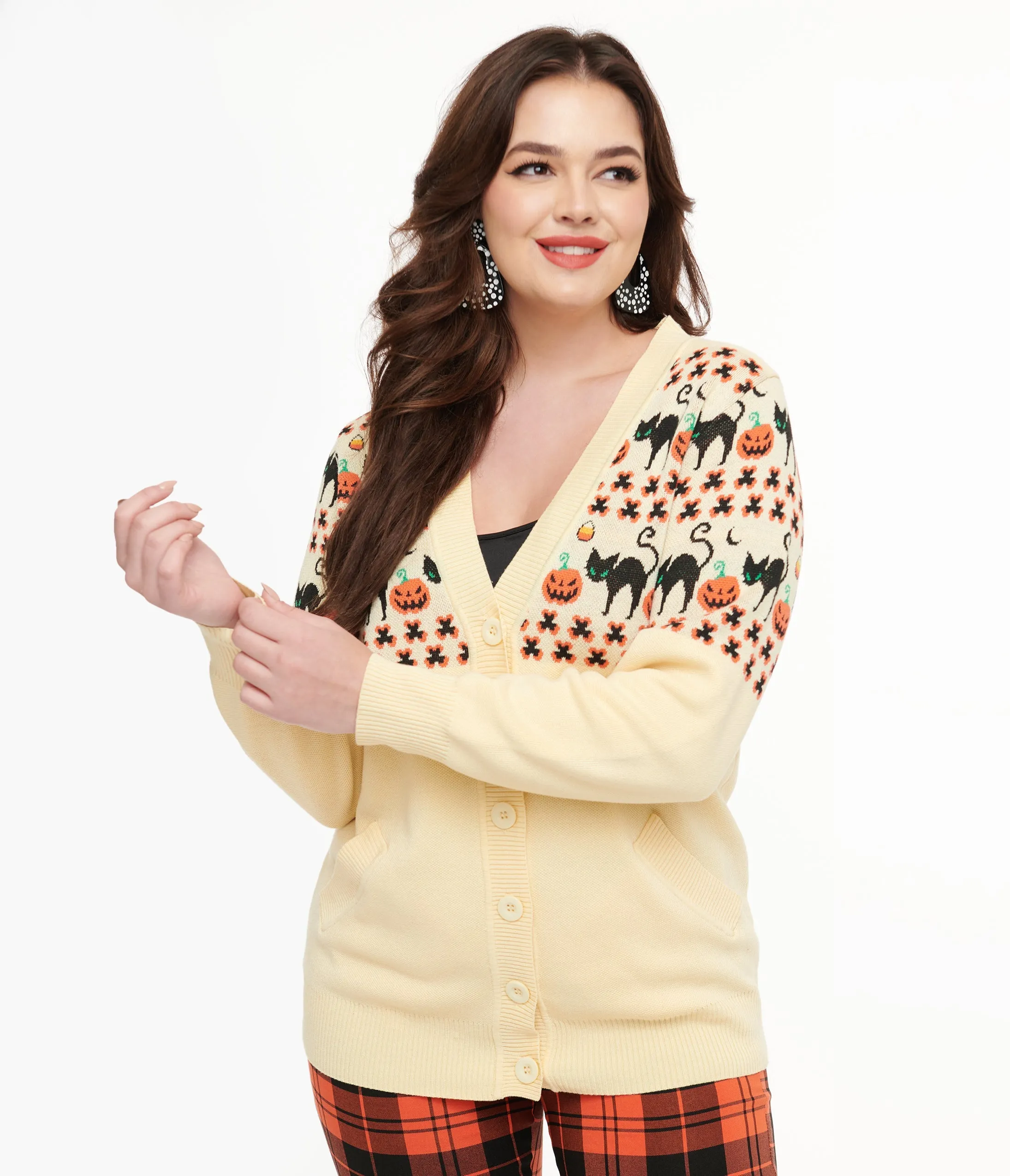 Unique Vintage 1960s Ivory & Orange Halloween Print Cardigan