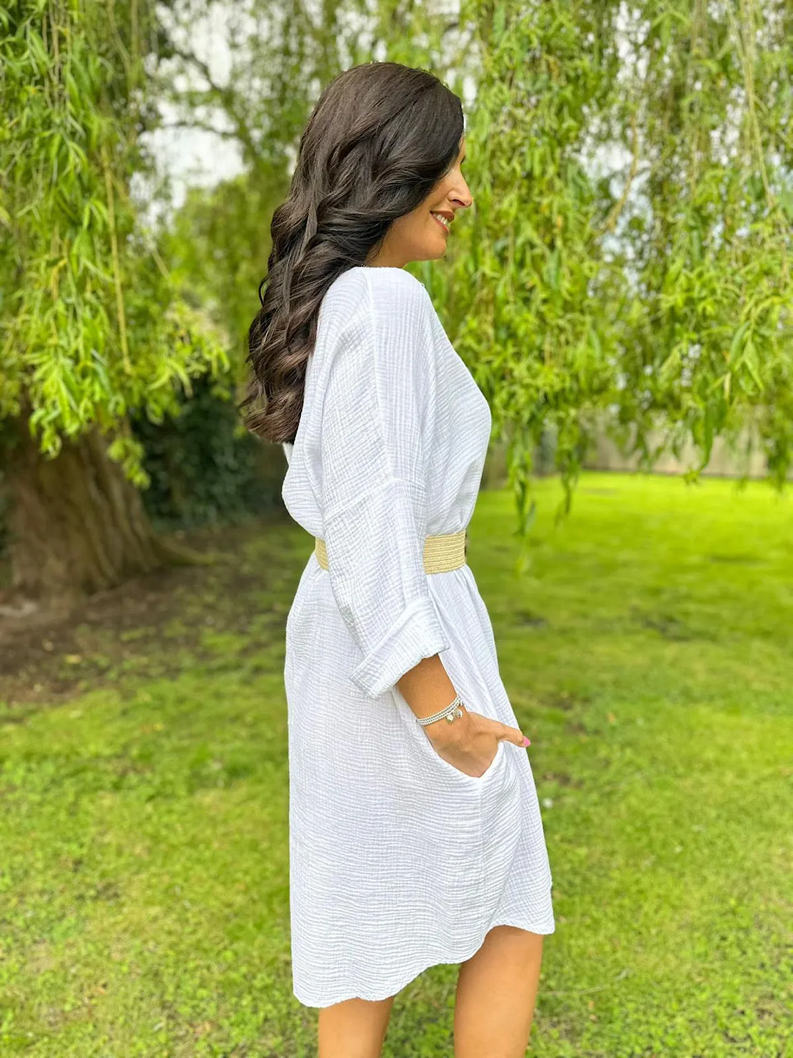 White Bubble Cotton Pocket Dress Samantha