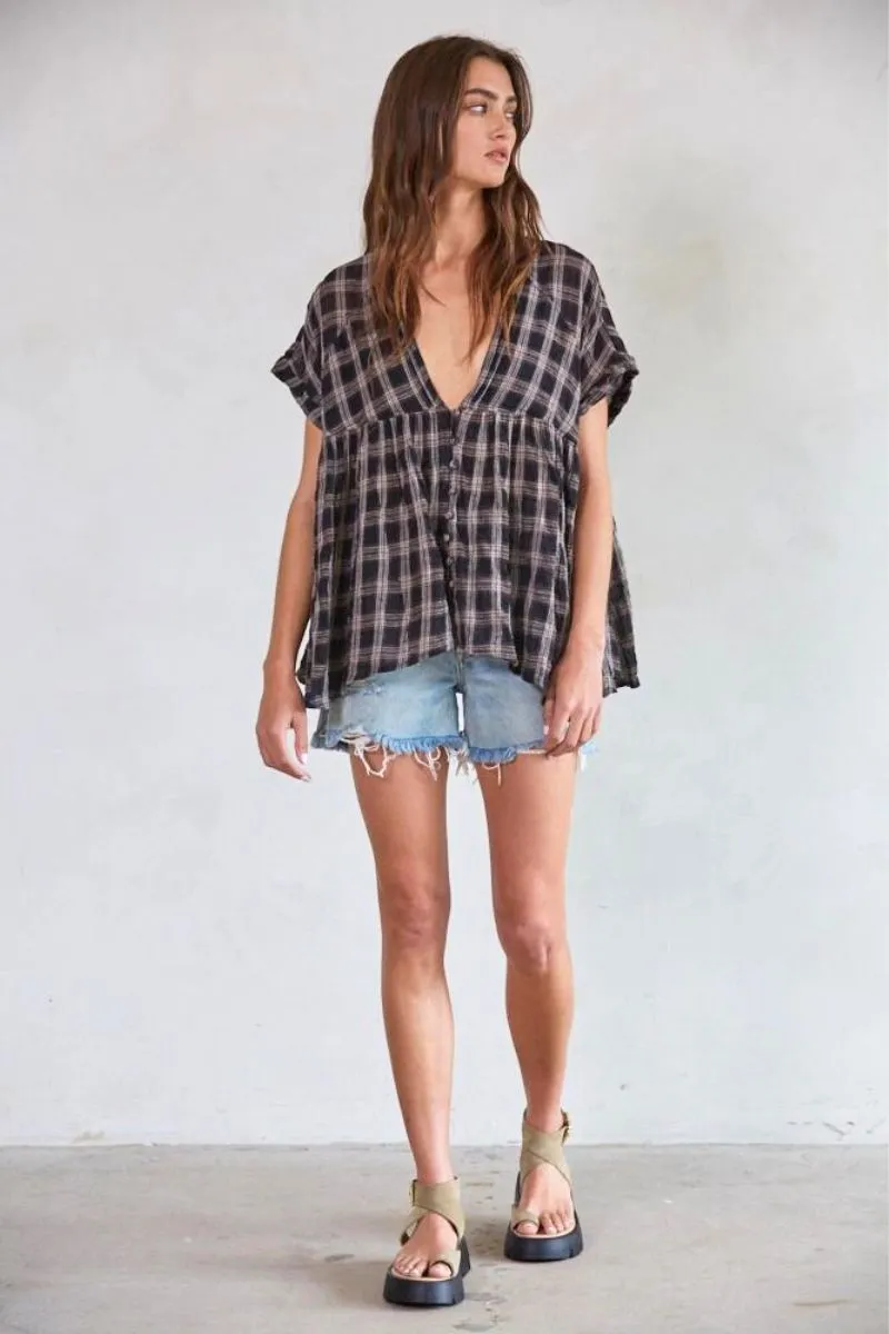 Woven Cotton Plaid Plunged V-Neck Top